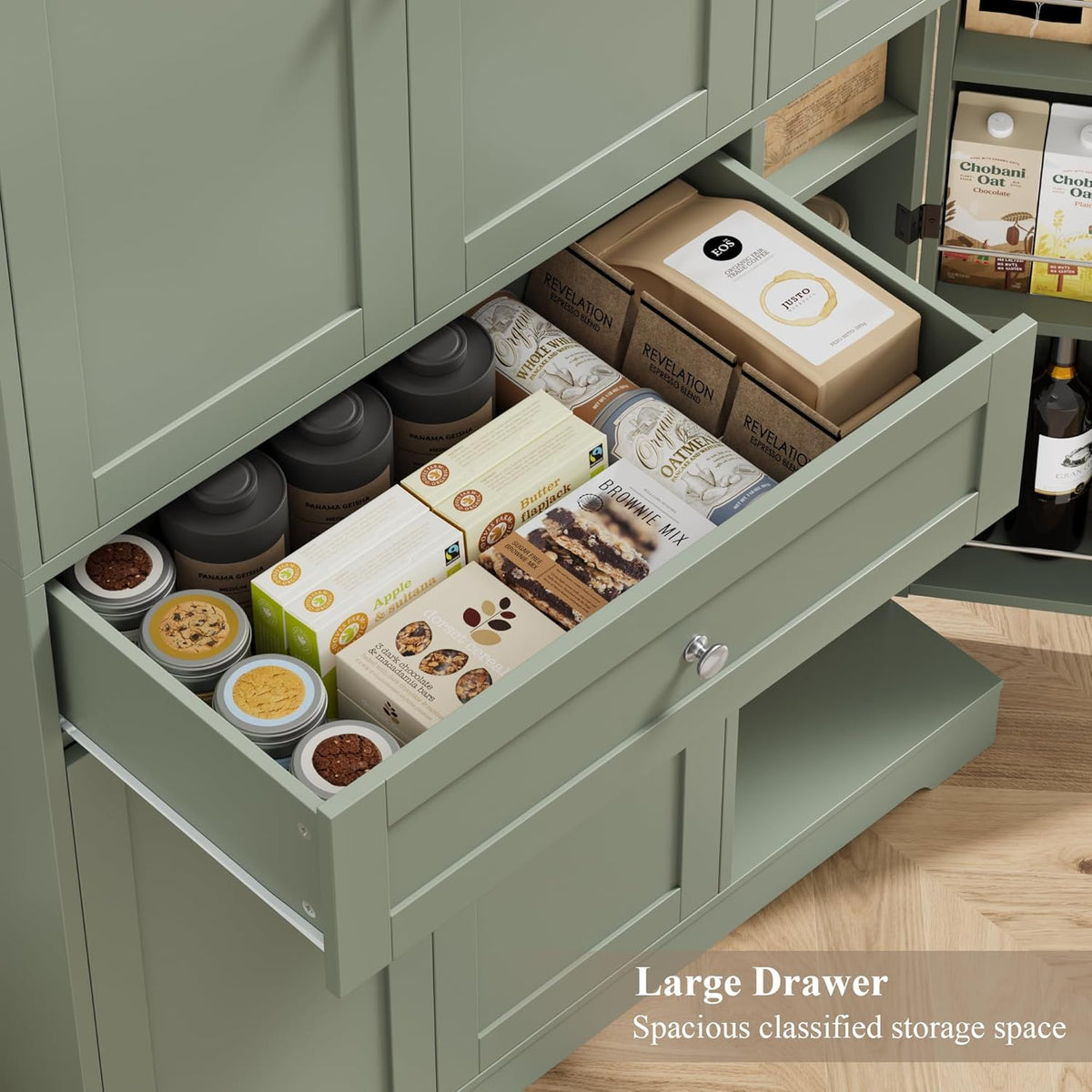 HOSTACK 68" Tall Kitchen Pantry Storage Cabinet with Doors & Shelves, Green | Large Pantry Cabinet with Door Rack, Freestanding Kitchen Storage Cabinet with Drawer, Food Pantry for Dining Living room