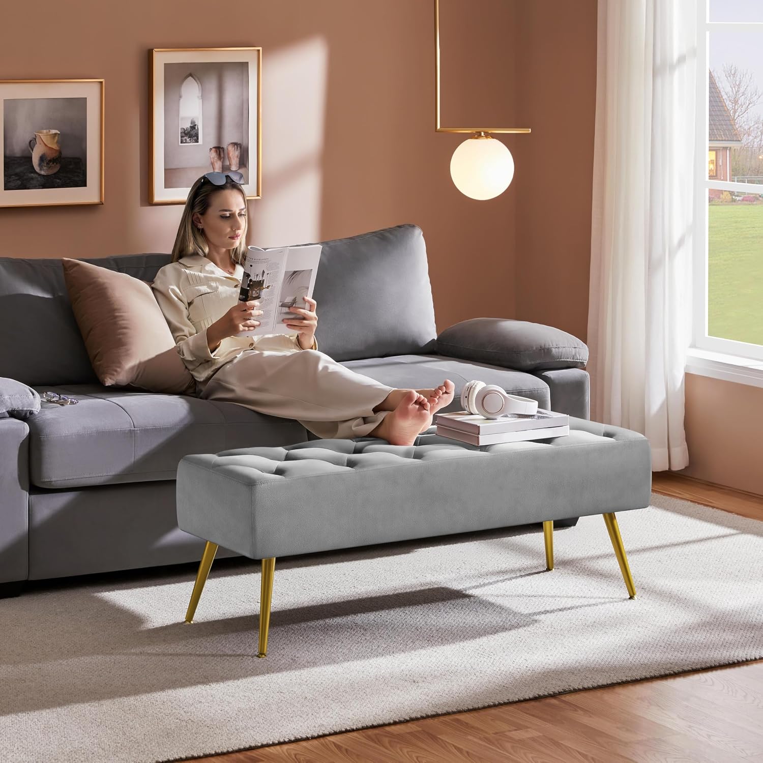 Yaheetech 45in Upholstered Velvet Ottoman Bench Seat with Gold Legs, Gray | Tufted Upholstered Bench Seat, Bed Bench with Tapered Gold Metal Legs, Sized for Window Seat Entryway Living Room