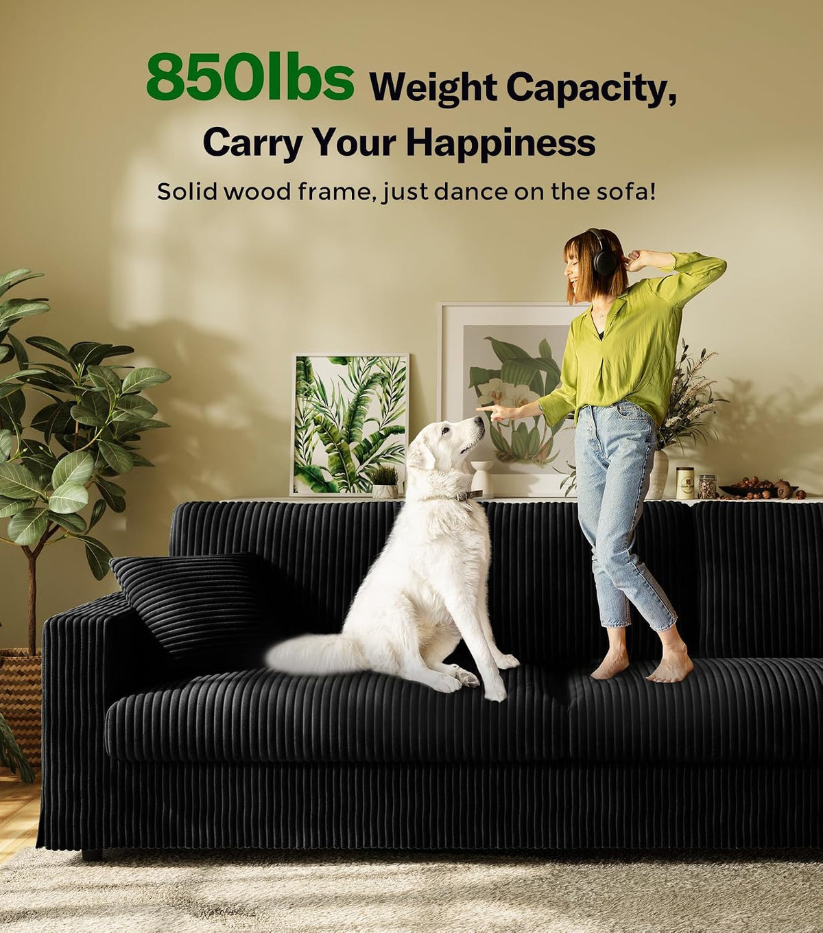 Welzona 101" Sofas for Living Room, Oversized Couch,Couches for Living Room | Comfy Corduroy Couch, Tool-Free Setup Sofa Couch, 6.3" Extra Wide Armrest, All-Wood Modern Couch For Bedroom, 2 Pillow, Black