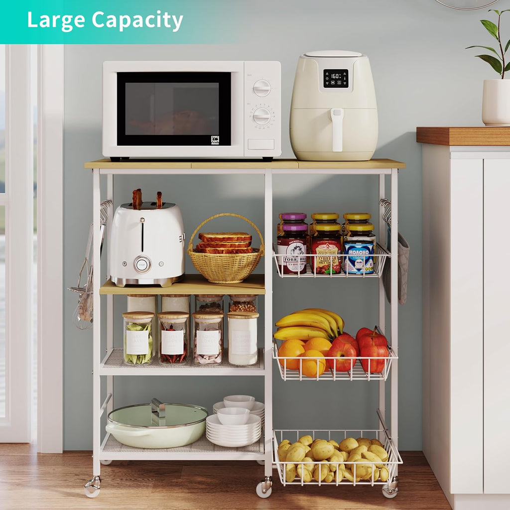 HapiRm Rolling Kitchen Microwave Cart - 4 Tier Microwave Table Stand with Pull-Out Baskets, Coffee Bar Baker's Rack with Wheels Rolling Storage Cart Organizer Shelf for Living Room Office, Balcony