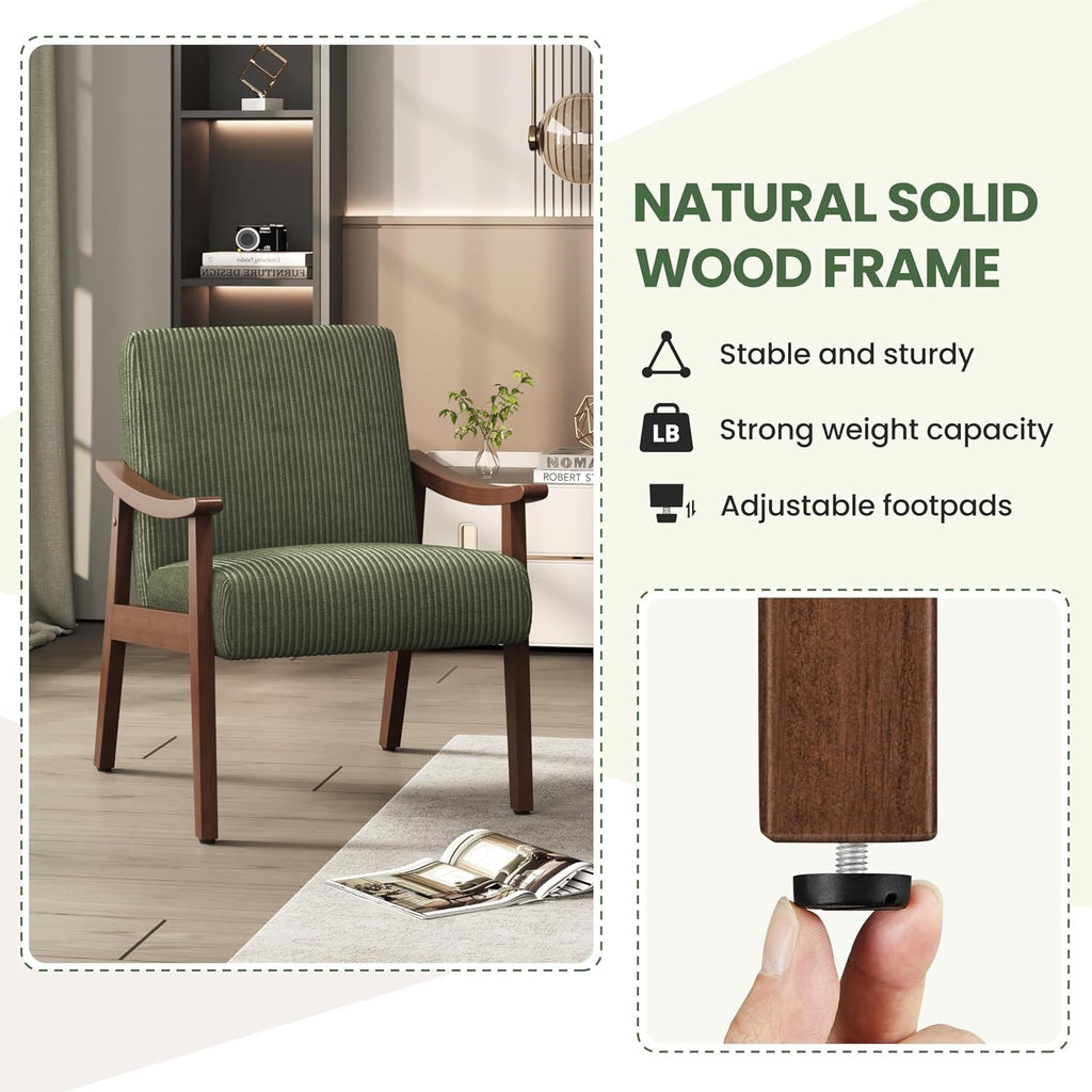 Yaheetech Accent Chairs, Mid-Century Corduroy Fabric Armchairs, Dark Green | Corduroy Chair with Solid Wood Legs, Cozy Reading Leisure Chair for Living Room, Bedroom, Waiting Room