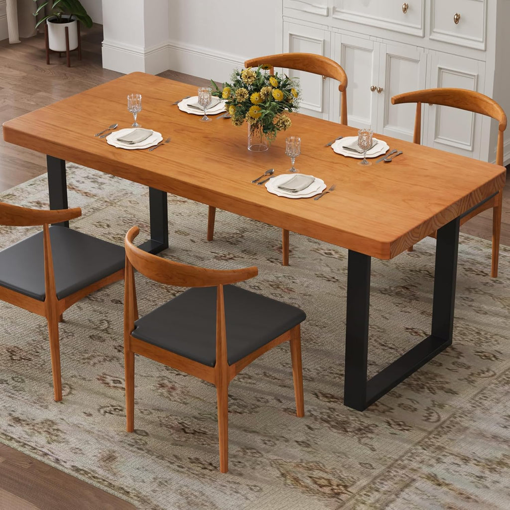 Stylish Modern Minimalist Solid Wood Dining Table with Sturdy Metal Base – Easy Assembly, Versatile Design for Dining Rooms, Living Rooms, and Offices