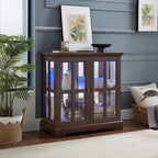 2 Door Curio Display Cabinet with LED Light & Adjustable Shelves, 30" Tableware Display Sideboard w/Mirrored Back Pane, Modern Glass Display Storage Cabinet for Kitchen & Living Room (Cherry)