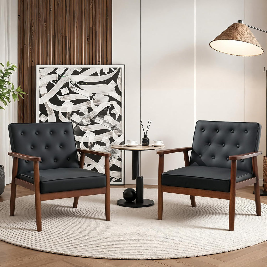 Waiting Room Accent Chairs Set of 2, Black Leather ArmChairs, Office Guest | STHOUYN Mid Century Modern, Wood Arms, Office Lobby Living Room Chair
