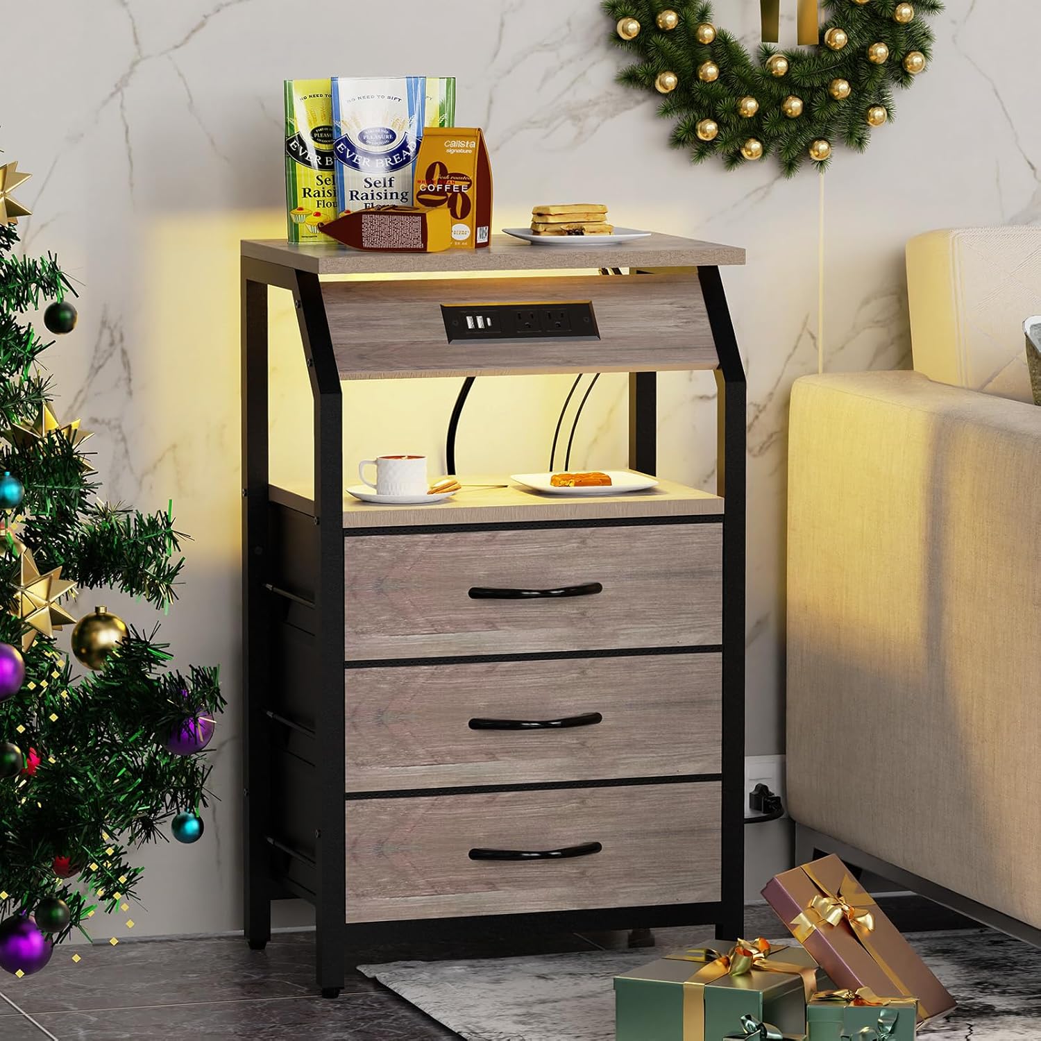 SZLHANJZ End Table with 3 Drawers, Night Stand with Charger Station and LED Lights, Small Nightstand with Fabric Storage, Farmhouse Side Table for Bedside, Living Room, Dorm, Greige