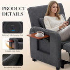 Convertible Sleeper Chair-Fabric Futon Sofa Bed, Single Sleeper Sofa, Small Couch Bed with USB Port, Foldable Table, Pillow, Adjustable Backrest for Dorm/Bedroom/College Darkgrey