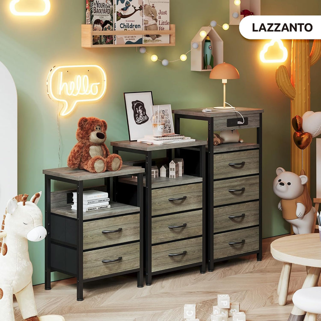 Lazzanto Night Stand with Charger Station, 2 Fabric Drawers, Grey | Nightstand, Bedside Table, Open Shelf, Built in USB-A, USB-C Port & AC Outlets, For Bedroom, Dorm, Living Room