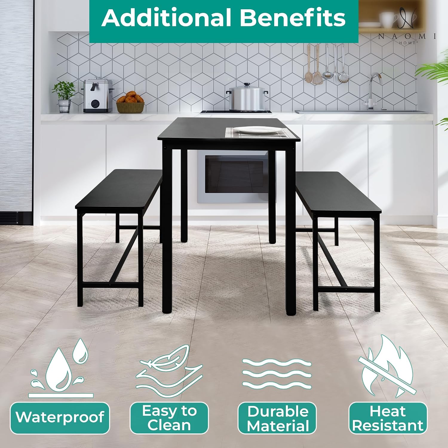 Naomi Home Space Saving 3 Piece Dining Table Set for Apartments & Small Spaces, Benches Tuck Under, Durable MDF & Steel Frame, Waterproof & Heat Resistant Kitchen Nook Set