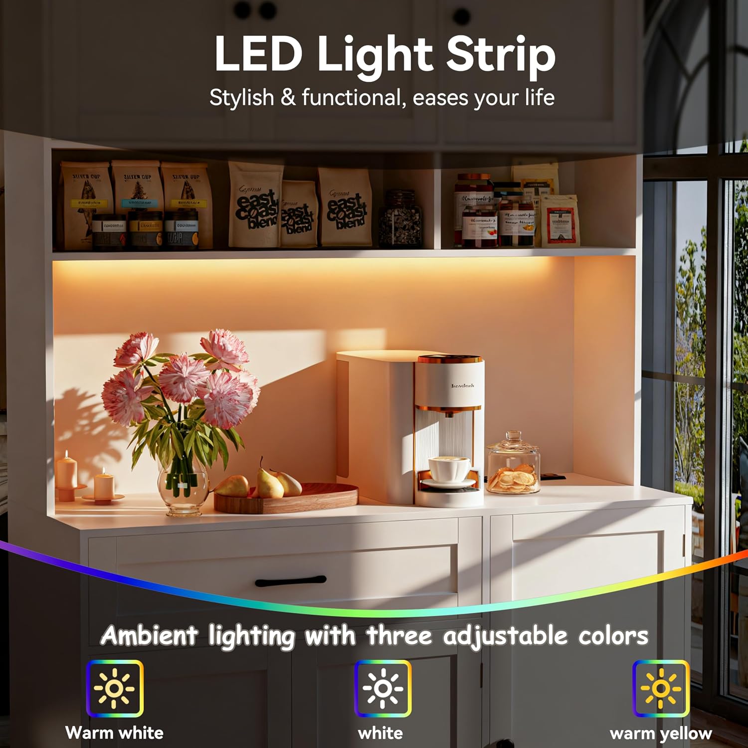 FJTJBSI 72" Kitchen Pantry Cabinet with LED Light and Charging Station Tall Pantry Storage Cabinet with Adjustable Shelves and Door Shelves Modern Kitchen Hutch with Microwave Stand and Countertop