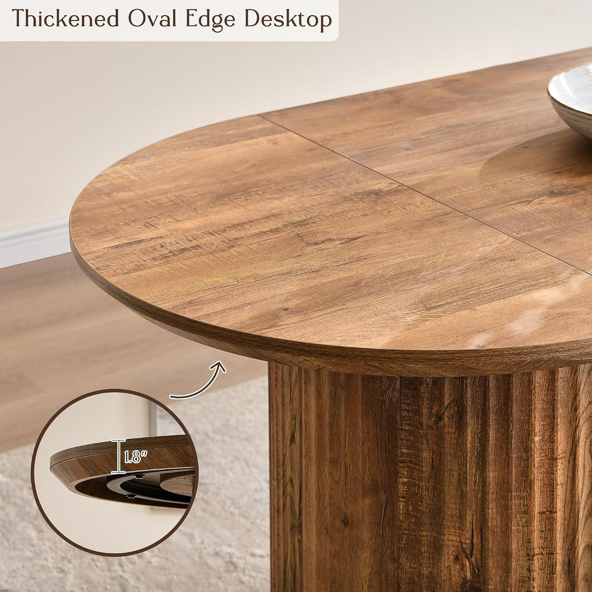 T4TREAM Fluted 63" Oval Dining Table for Kitchen Living Room, Rustic Brown