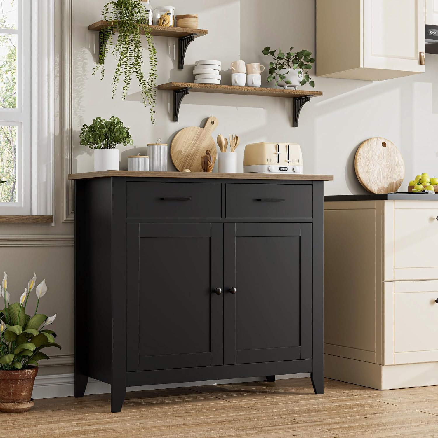HORSTORS Farmhouse Kitchen Storage Cabinet, Small Buffet, Coffee Bar, Black