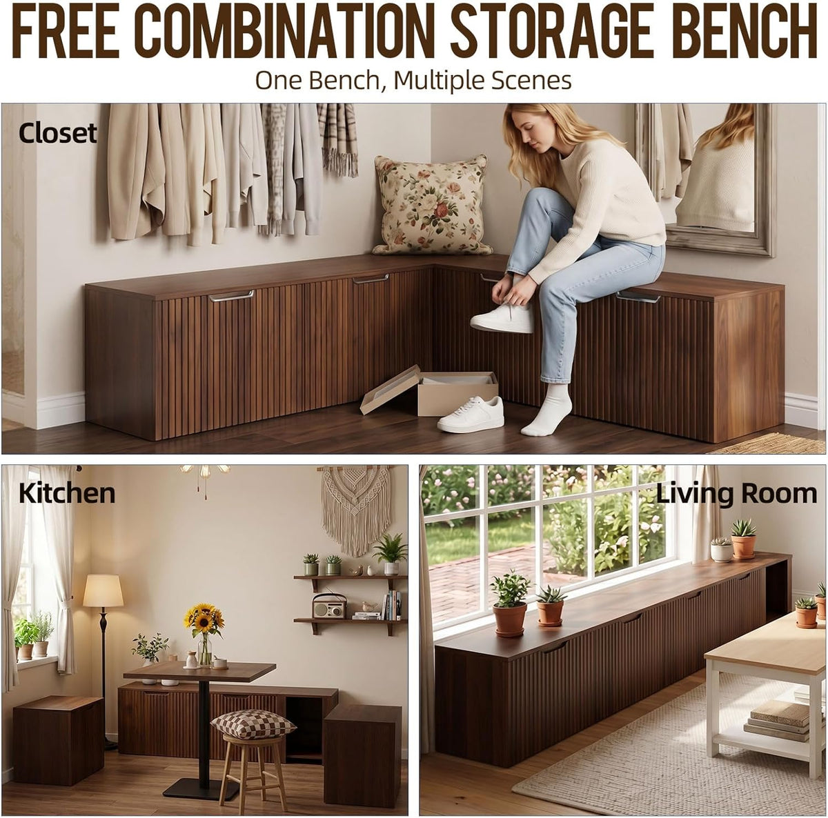 ZZW L Shaped Storage Bench, Modular Corner Dining Bench Seating, 63" Breakfast Nook Bench w/Hidden Storage, Safety Soft-Close Hinges, Dining Room, Kitchen, Living Room, Entryway Color Walnut