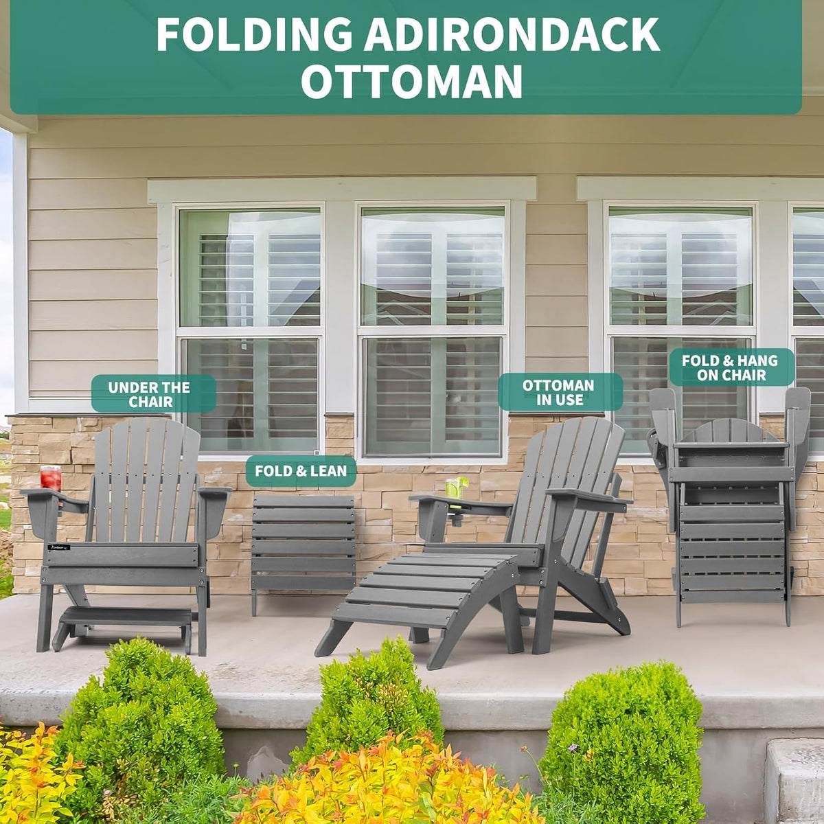 Folding Adirondack Ottoman Set of 2, Outdoor Foot Rest, Patio Footstool | Portable, HDPE All Weather, Easy Storage, No Rot or Rust or Crack, Fade Shield, Save Space, Easy-Clean for Indoor or Outdoor