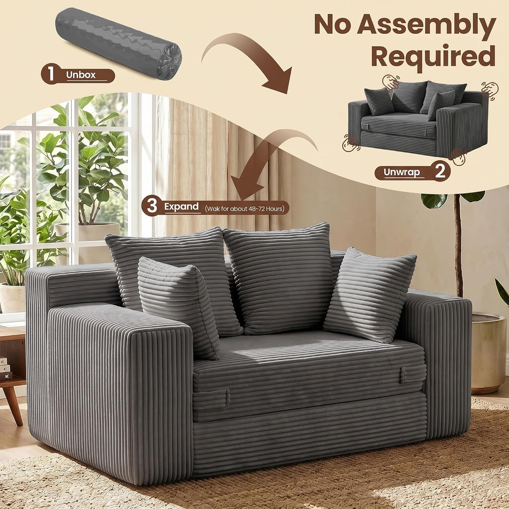 JUIKURY Floor Mini Couch 53 Inch, 3-in-1 Gray Couches Covertible Sofa Bed with 4 Pillows, Small Couches for Living Room, Bedroom, Small Space