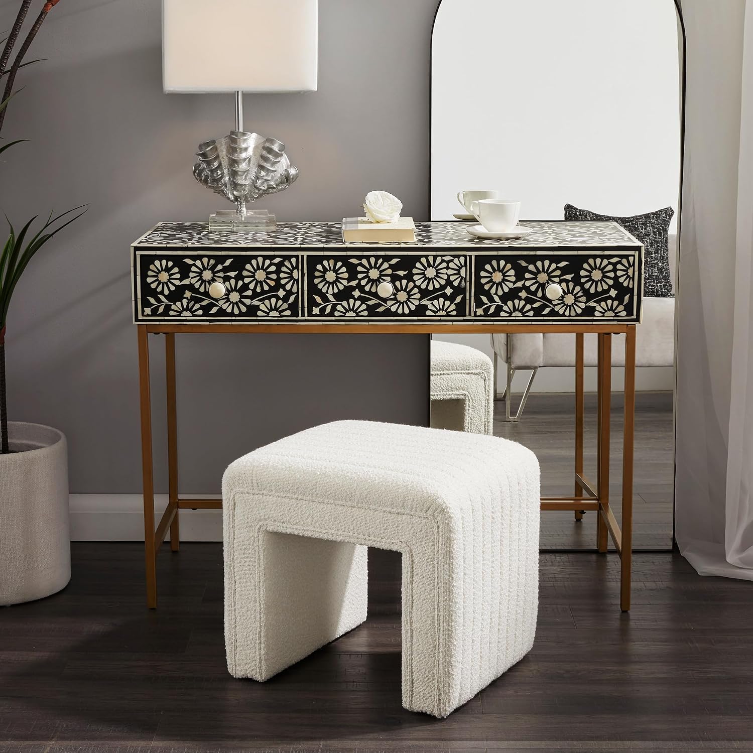 Get Set Style Vanity Stool Chair, Fully Assembled Modern Boucle Ottoman Footstool with Wooden Legs, Multifunctional Upholstered Sofa Bench Extra Seat for Makeup Room Living Room Entryway Office, White