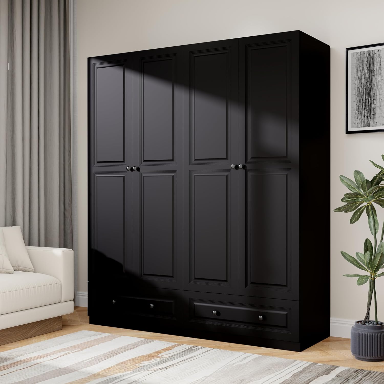 Armoire Wardrobe Closet with Drawer: Bedroom Wardrobe Closet for Hanging Clothes, Wood Cabinet for Clothes with Doors, Armoire with Shelves (Black, 63")