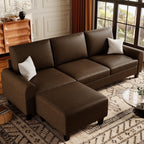 EASE MOOSE 100" Faux Leather L-Shaped Sofa Couch for Living Room, DeepBrown | Movable Ottoman, Removable Cover, Waterproof & Scratch-Resistant, Easy Clean, Easy Assembly, Ideal for Small Spaces