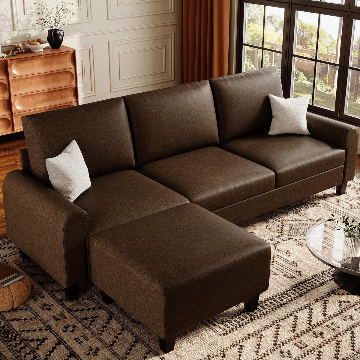 EASE MOOSE 100" Faux Leather L-Shaped Sofa Couch for Living Room, DeepBrown | Movable Ottoman, Removable Cover, Waterproof & Scratch-Resistant, Easy Clean, Easy Assembly, Ideal for Small Spaces