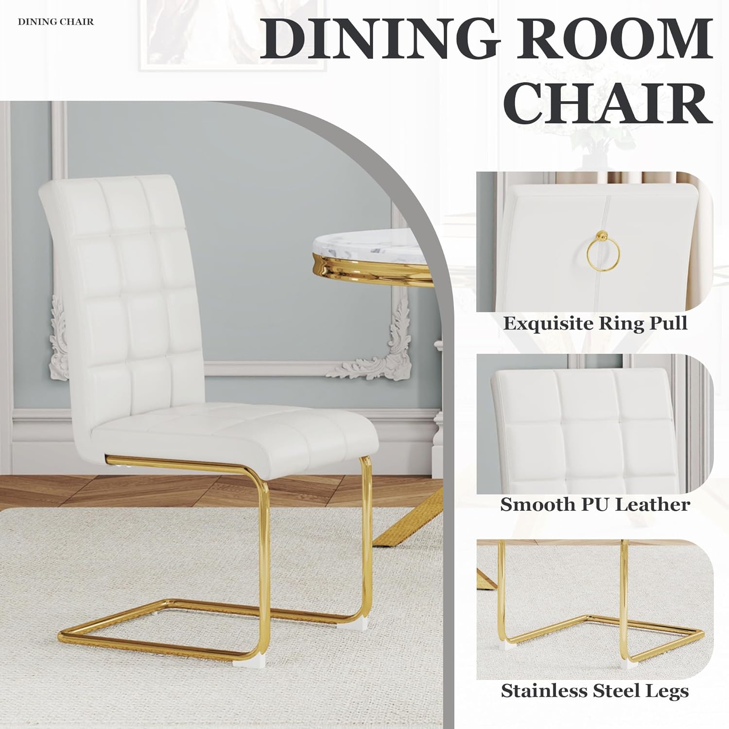 Modern Dining Chairs Set of 8, White PU Leather Chairs with Pull Ring Backrest and Gold Stainless Steel Legs, Easy-to-Assemble Kitchen Chairs for Dining Room, Living Room, or Bedroom