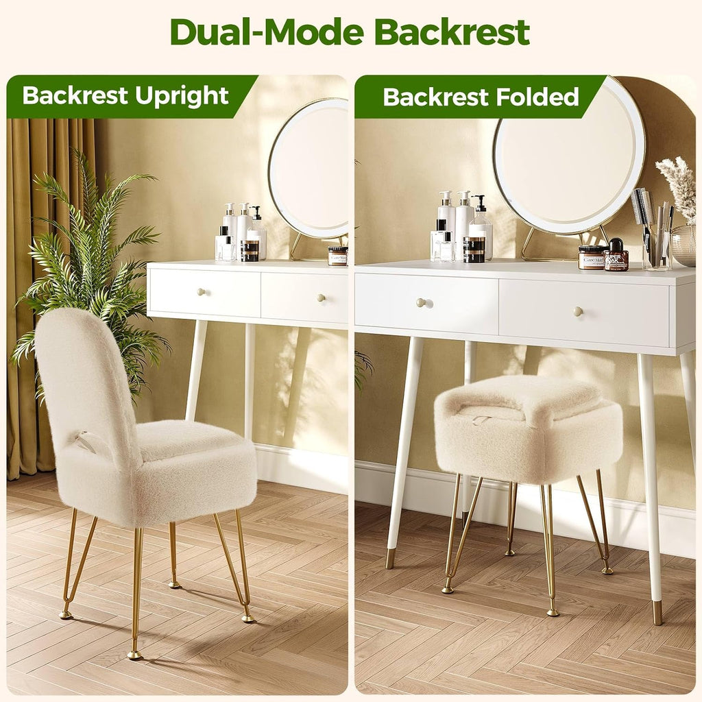 GREENSTELL Vanity Stool Chair with Storage and Folding Back, 13.4" x 15" x 30" Square Faux Fur Soft Ottoman, 4 Metal Legs with Anti-Slip Feet, Furry Padded Seat for Makeup, Bedroom, Camel