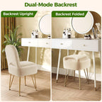 GREENSTELL Vanity Stool Chair with Storage and Folding Back, 13.4" x 15" x 30" Square Faux Fur Soft Ottoman, 4 Metal Legs with Anti-Slip Feet, Furry Padded Seat for Makeup, Bedroom, Camel