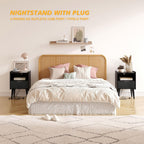 YAUKOMEL Fluted Nightstand with Charging Station, Modern Bedside Table with Drawer,Black Nightstand with Solid Wood Legs, End Table,Side Table for Living Room,Bedroom Black CTG57BKE