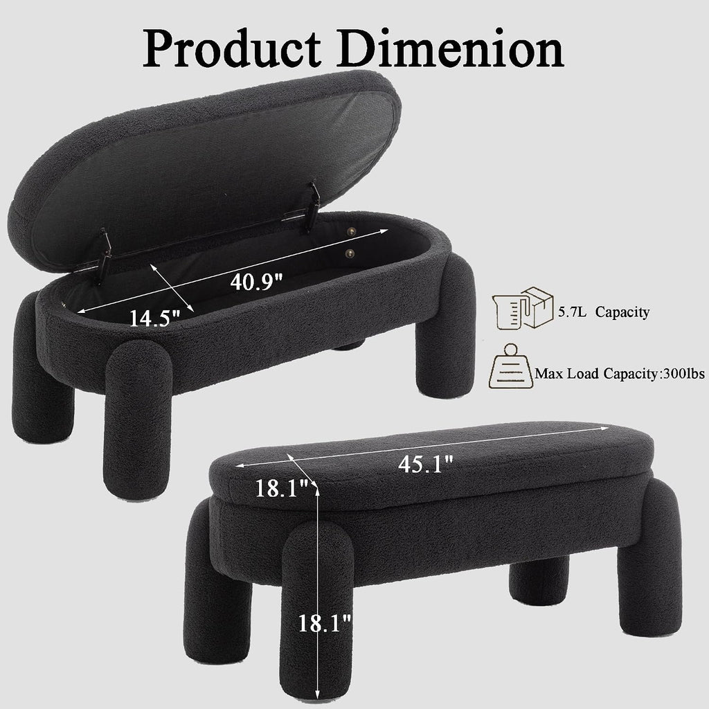 Upholstered Storage Ottoman Bench,45.1" Modern Bench,Large Sherpa Ottoman with Storage and Seating,End of Bed Bench,for Entryway, Hallway, Living Room,Bedroom (Black)
