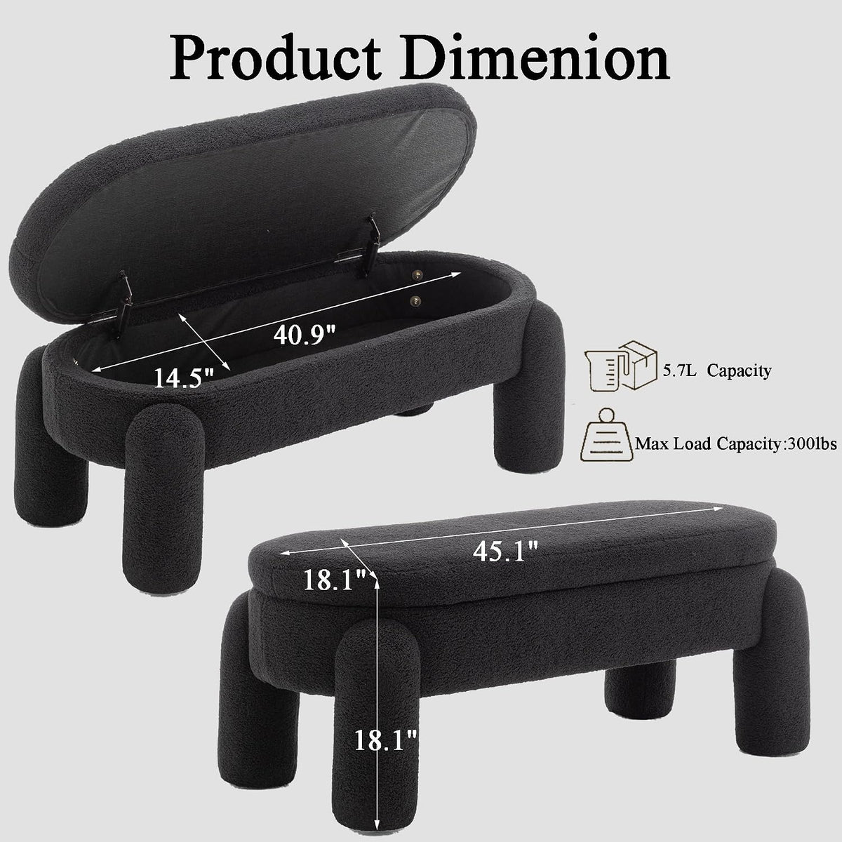 Upholstered Storage Ottoman Bench,45.1" Modern Bench,Large Sherpa Ottoman with Storage and Seating,End of Bed Bench,for Entryway, Hallway, Living Room,Bedroom (Black)