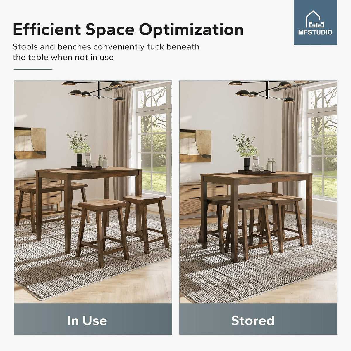 MFSTUDIO Dining Table Set for 4, Counter Height Table and Chairs, Kitchen Table Set with Bench, Breakfast Bar Table and Chairs Set Space Saving, Rustic Caramel