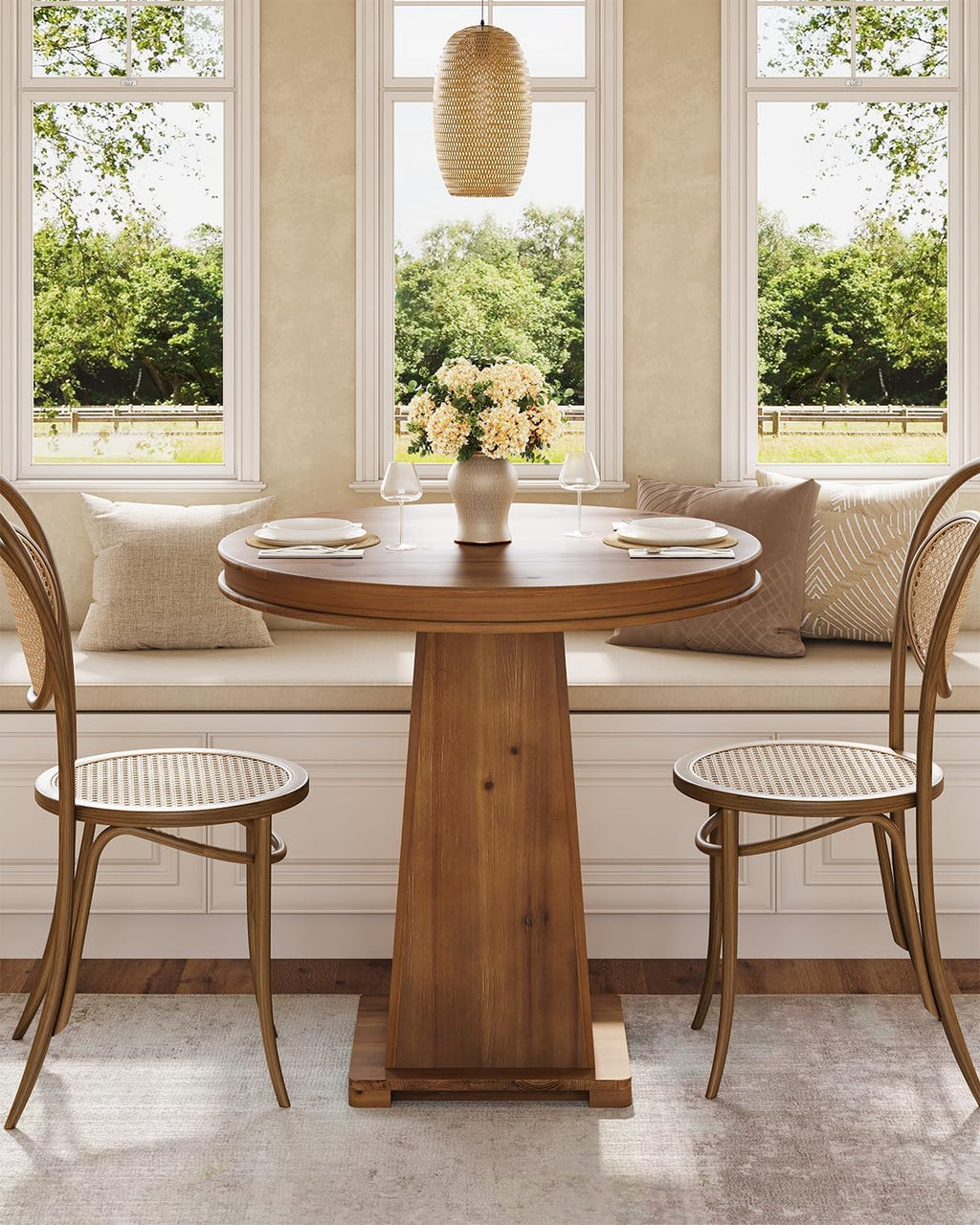 LITTLE TREE Solid Wood Round Dining Table, 31.5" Small Kitchen Table for 2, Modern Farmhouse Dinner Table for Dining Room, Kitchen, Living Room, Artistic Geometric Base, Table Only (Rustic Brown)