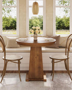 LITTLE TREE Solid Wood Round Dining Table, 31.5" Small Kitchen Table for 2, Modern Farmhouse Dinner Table for Dining Room, Kitchen, Living Room, Artistic Geometric Base, Table Only (Rustic Brown)