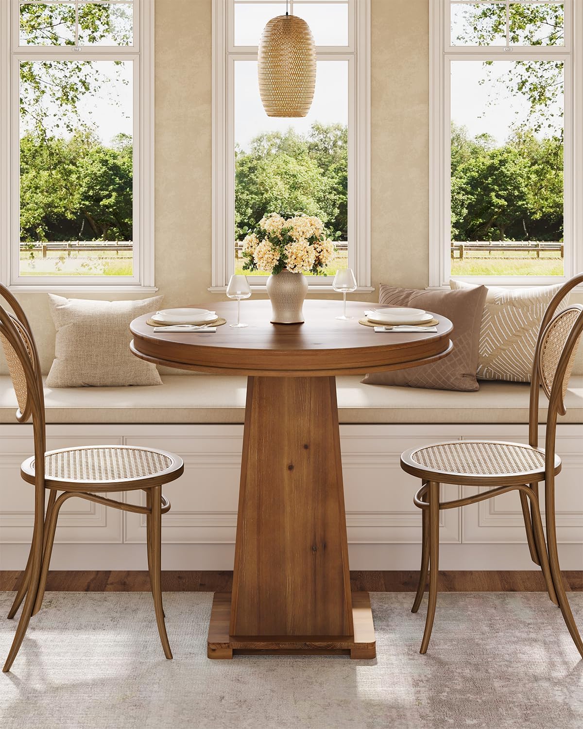 LITTLE TREE Solid Wood Round Dining Table, 31.5" Small Kitchen Table for 2, Modern Farmhouse Dinner Table for Dining Room, Kitchen, Living Room, Artistic Geometric Base, Table Only (Rustic Brown)