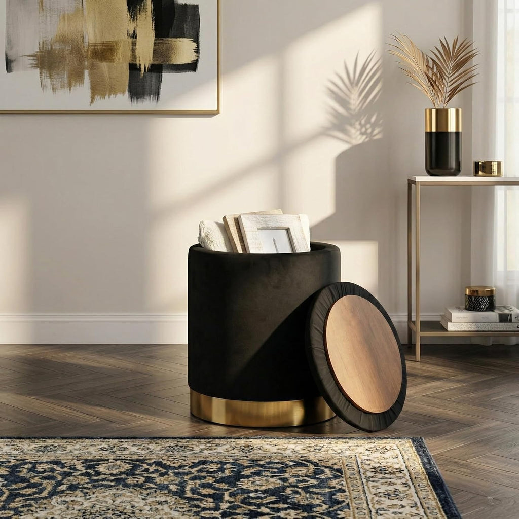 Joveco Round Velvet Storage Ottoman with Reversible Lid Tray & Gold Metal Legs, 17" Small Footrest Stool for Living Room, Bedroom & Dorm, Modern Accent Vanity Chair