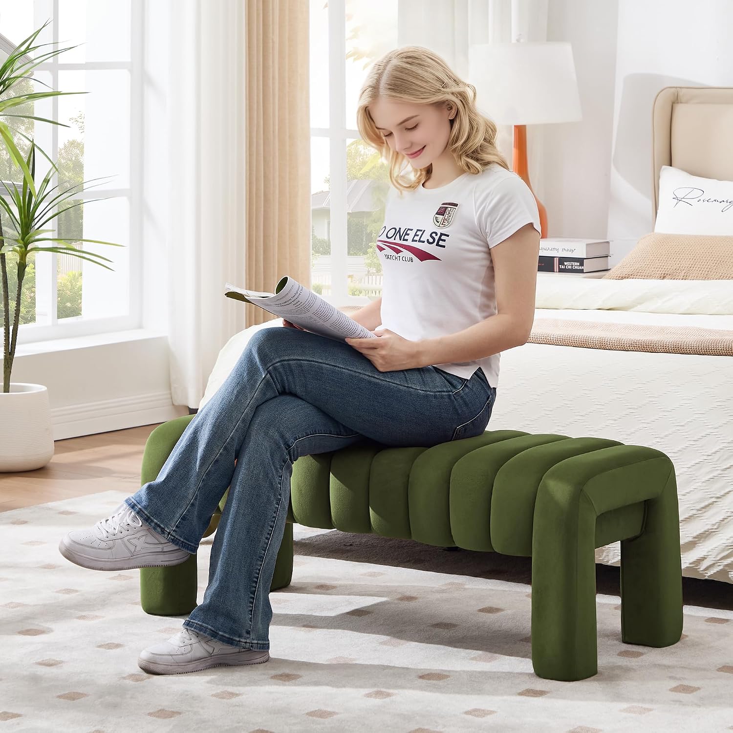 43.3” Dining Room Bench, Olive Green Tufted Upholstered End of Bed Bench, Modern Entryway Ottoman Window Seat with Solid Wood Legs and Padded Seat for Bedroom, Hallway and Living Room (Velvet)