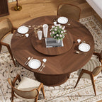 55'' Round Dining Table for 4-6, Mid-Century Modern Kitchen Table with Rotating Tray and 2-Layer Storage Shelf, Wood Slide Door Dining Room Table for Home Living Room, Walnut