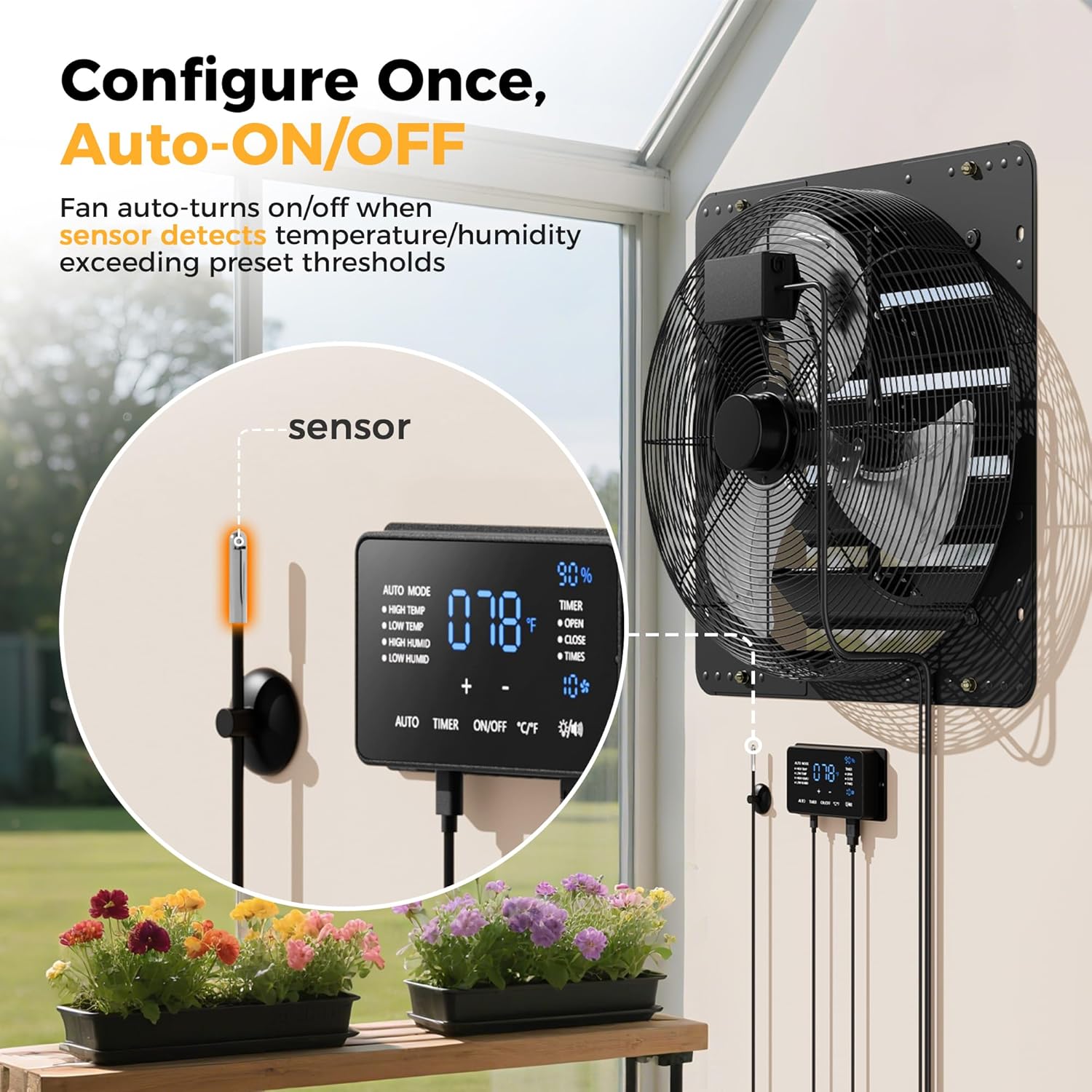 20 Inch EC Motor Shutter Exhaust Fan, 6 Inch Large Touchscreen Controller for Temp Humidity and Speed Control, 10-Speed Wall Mount Fan for Attic, Greenhouse, Garage, Chicken Coop Ventilation