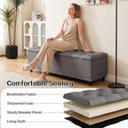 51" Storage Ottoman Bench with Wooden Legs and Soft-Close, Grey | Large End of Bed Bench with Button Tufting, Metal Rivet Accents, Fabric Bedroom Chest for Entryway Living Room Window