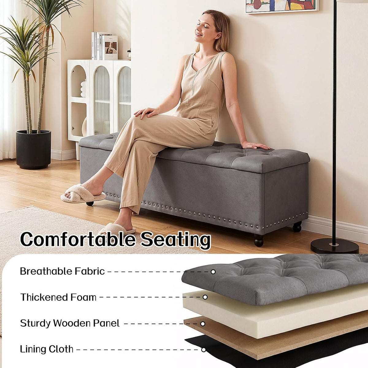 51" Storage Ottoman Bench with Wooden Legs and Soft-Close, Grey | Large End of Bed Bench with Button Tufting, Metal Rivet Accents, Fabric Bedroom Chest for Entryway Living Room Window