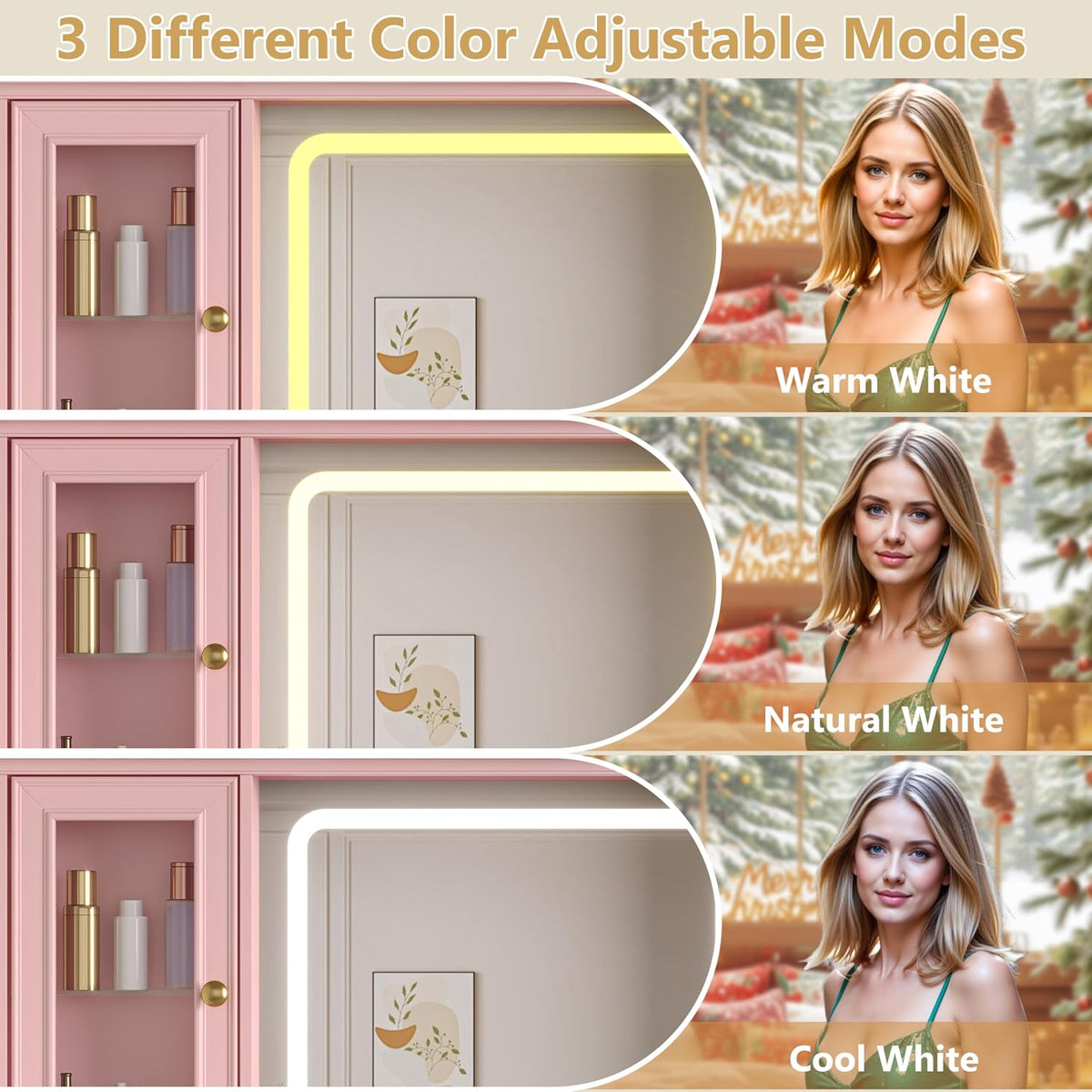 HUANLEGO Farmhouse Makeup Vanity Desk with Mirror and LED Lights, Pink | Vanity Mirror with Lights Desk for Women, Makeup Table Set with RGB Cabinet and 6 Drawers, Charging Station, 3 Light Modes