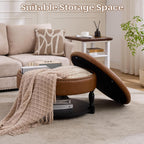 31.5 Inch Large Round Storage Ottoman with Wood Shelf Multifunctional Coffee Table Ottoman Round Storage Bench with Bottom Open Shelf for Living Room Bedroom Entryway Brown PU Leather