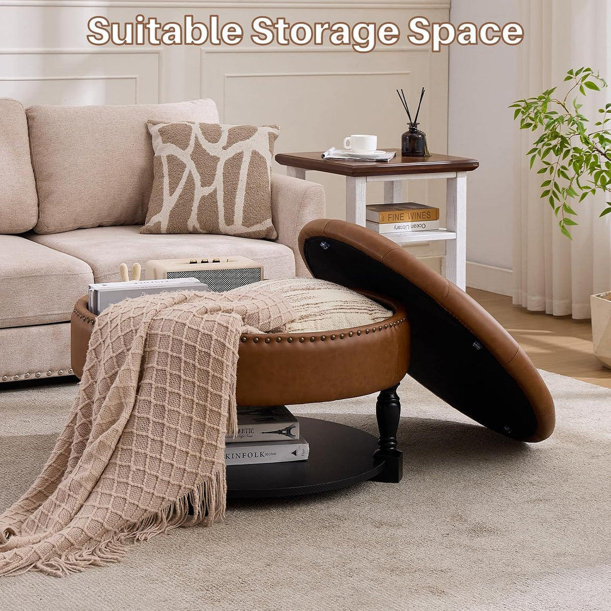 31.5 Inch Large Round Storage Ottoman with Wood Shelf Multifunctional Coffee Table Ottoman Round Storage Bench with Bottom Open Shelf for Living Room Bedroom Entryway Brown PU Leather