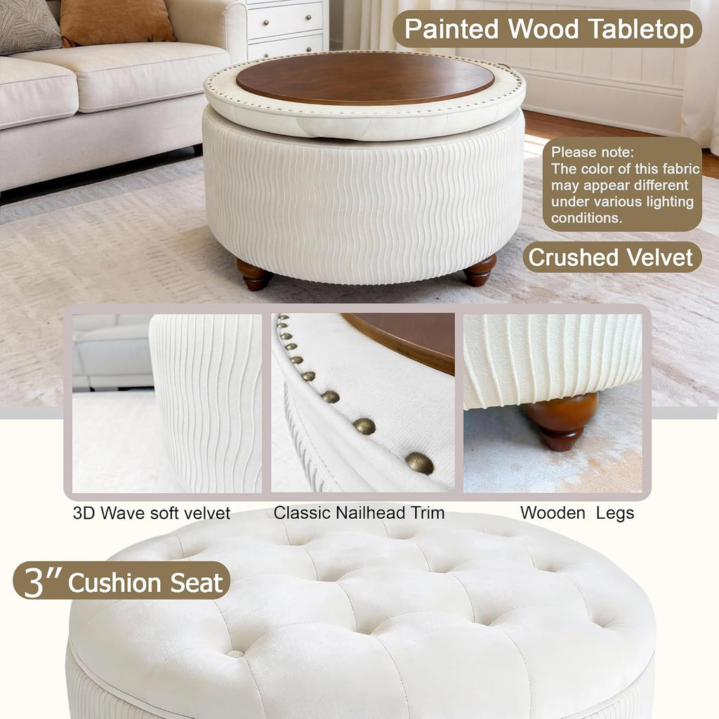 modscape 30 inch Round Storage Ottoman Coffee Table with Lift Off Lid | Modern upholstered ottoman perfect for coffee table, footrest,extra seat. Large hidden storage for living room, bedroom