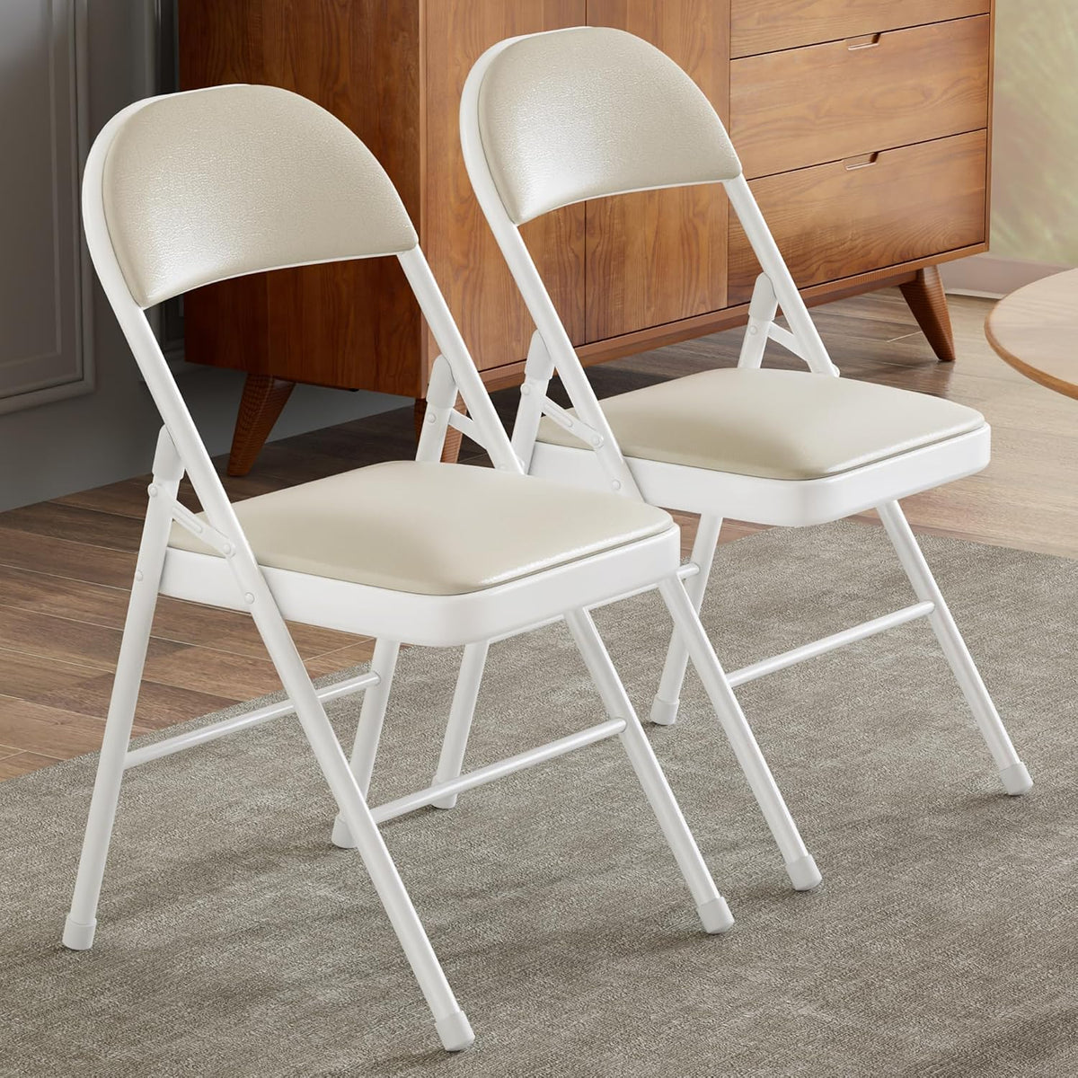 VECELO Folding Chairs Set of 2, Faux Leather Padded, Beige | Folding chairs with comfortable PU leather padded seat, Sturdy metal frame, Space saving design for office dining party