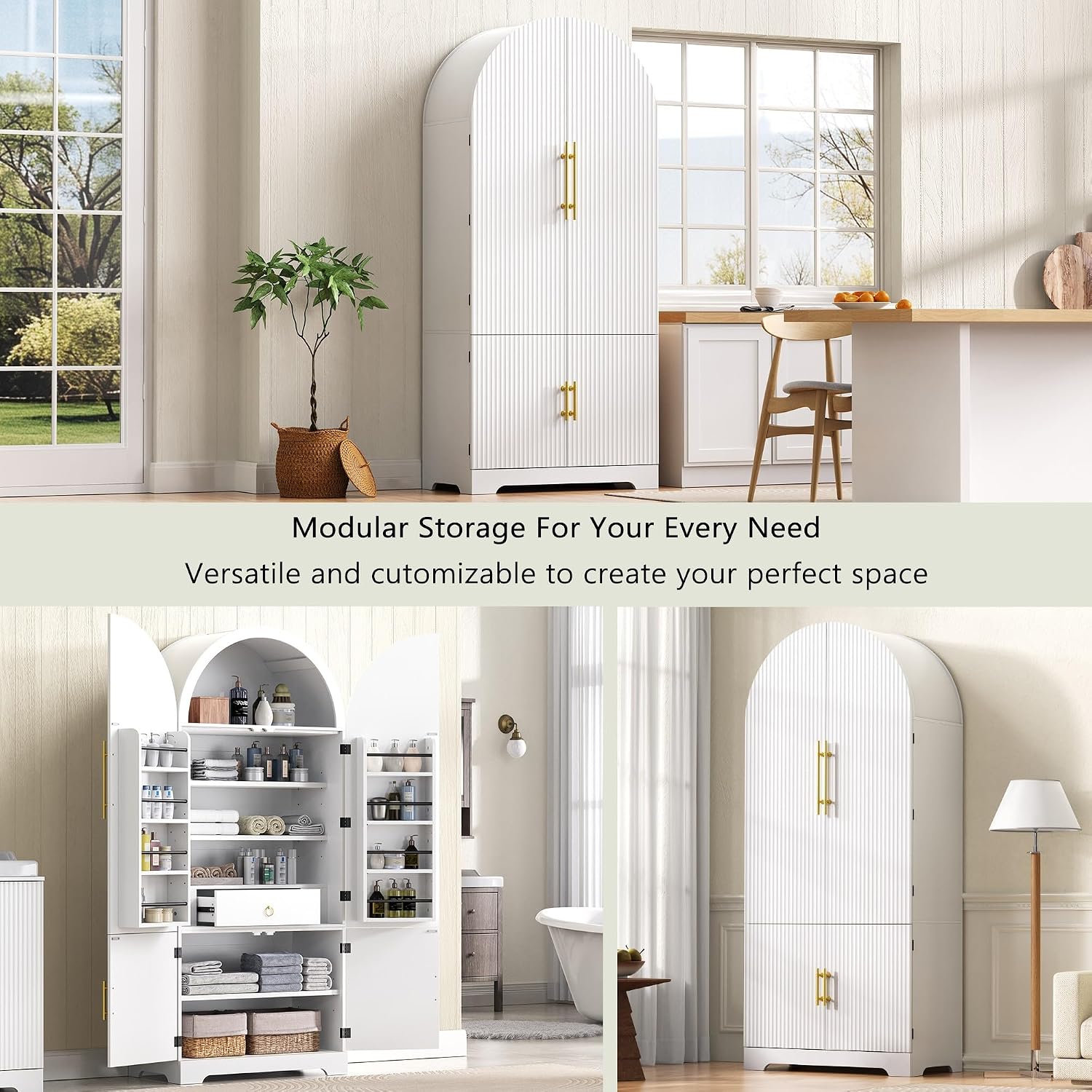 72" Tall Morden Kitchen Pantry Cabinet with 8 Door Shelves, Morden Storage Cabinet with 3 Adjustable Shelves, Hidden Drawer, Versatile Cupboard for Kitchen, Dining & Bathroom (Arched, White)