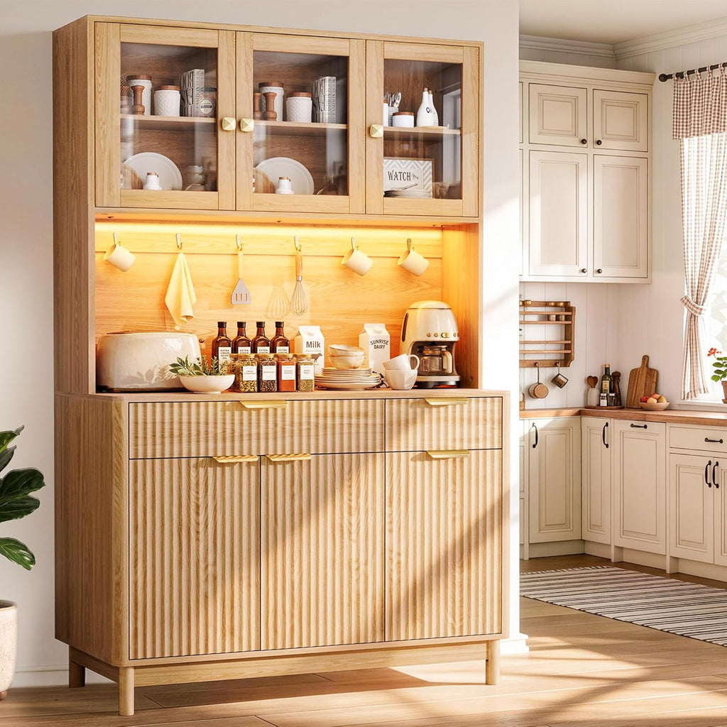 71'' Fluted Kitchen Pantry Cabinet with Power Outlet & LED Light, Food Kitchen Hutch with Countertop, Wood Pantry Storage Cabinet with a Drawer & Shelves for Living Room, Dining Room, Natural