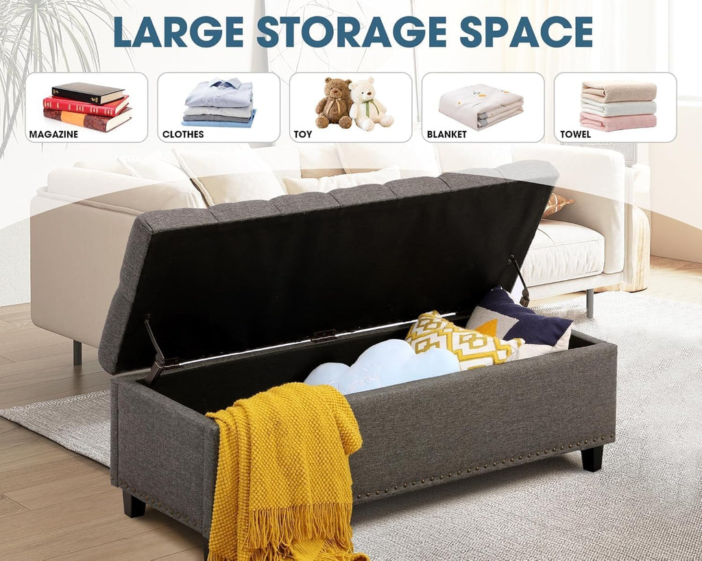 Ottoman with Storage, 51" Storage Bench Ottoman for Bedroom, End of Bed Benchs with Button-Tufted, Upholstered Rectangle Long Foot Rest Benchs for Entryway Living Room (Gray)