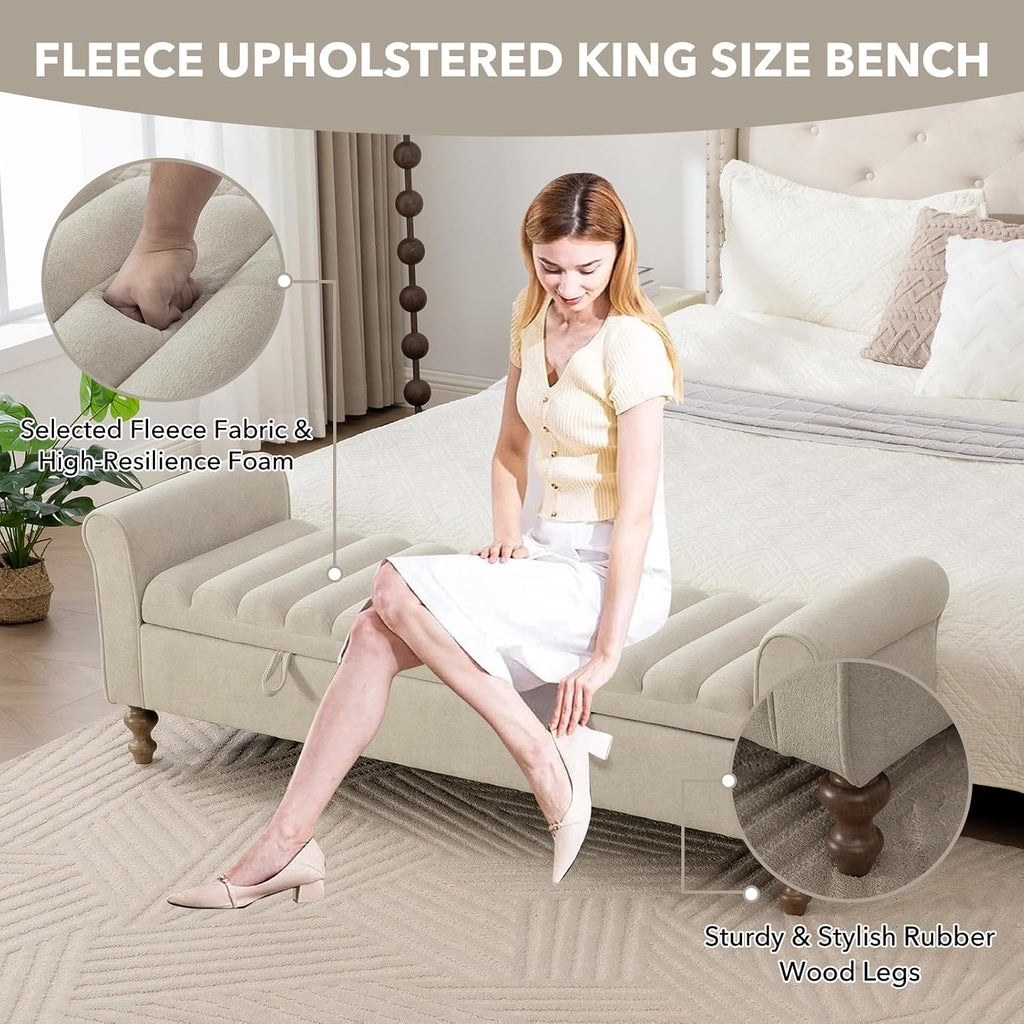 65" Oversize Storage Ottoman Bench, Fleece Upholstered End of Bed Benches with Rolled Armrest, Modern King Size Benches with Rolled Armrest, Window Bench (Griege+Single-Cover)