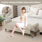 65" Oversize Storage Ottoman Bench, Fleece Upholstered End of Bed Benches with Rolled Armrest, Modern King Size Benches with Rolled Armrest, Window Bench (Griege+Single-Cover)