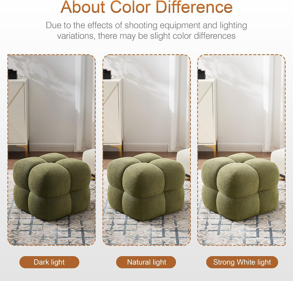 Zesthouse Square Pouf Ottomans Set of 2, Modern Vanity Chair for Bedroom | Boucle Fabric Foot Rest for Couch, Upholstered Tufted Footstool, Poofy Ottoman Seat for Living Room Dorm Fluffy Ottoman Green