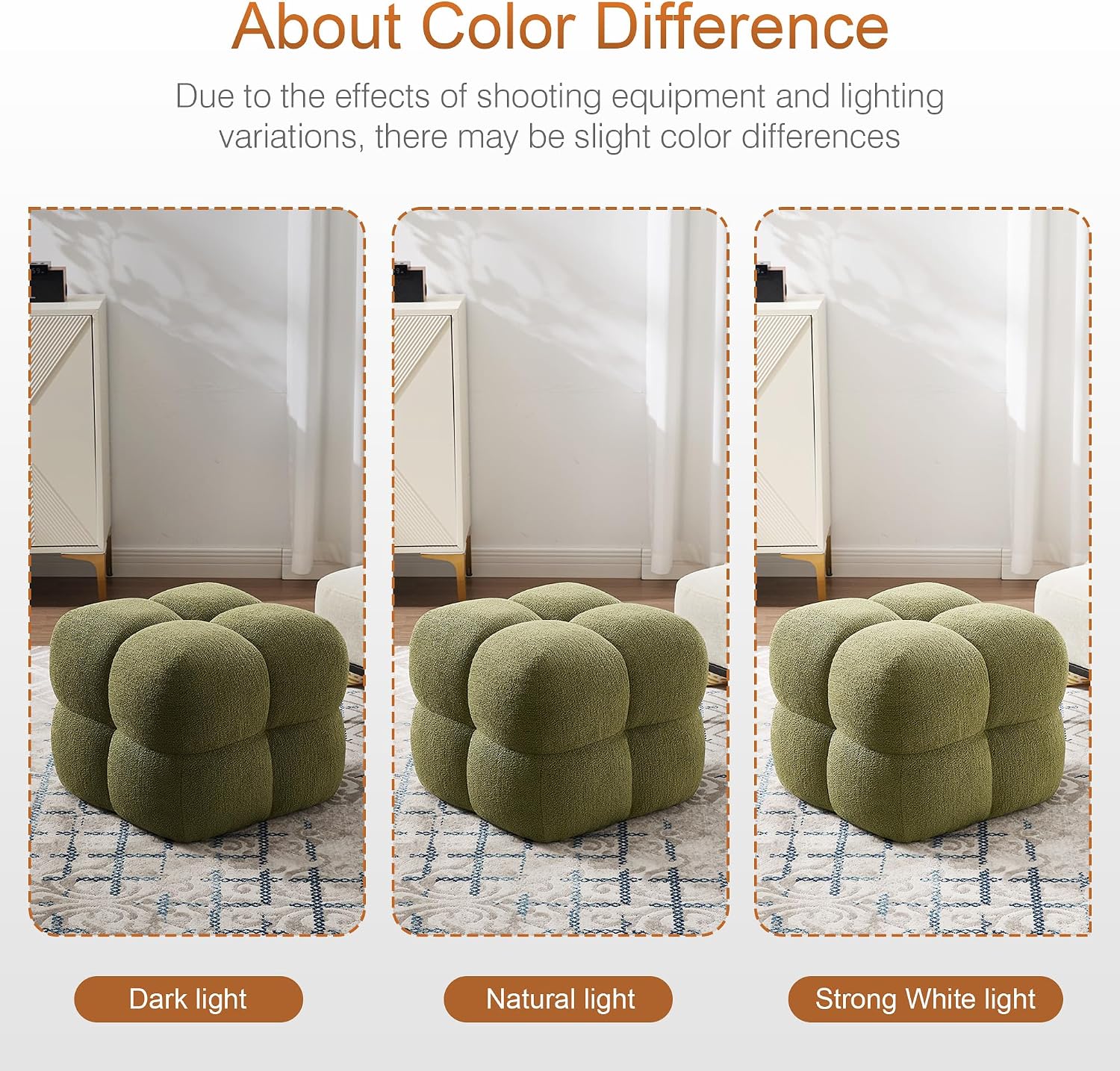 Zesthouse Square Pouf Ottomans Set of 2, Modern Vanity Chair for Bedroom | Boucle Fabric Foot Rest for Couch, Upholstered Tufted Footstool, Poofy Ottoman Seat for Living Room Dorm Fluffy Ottoman Green